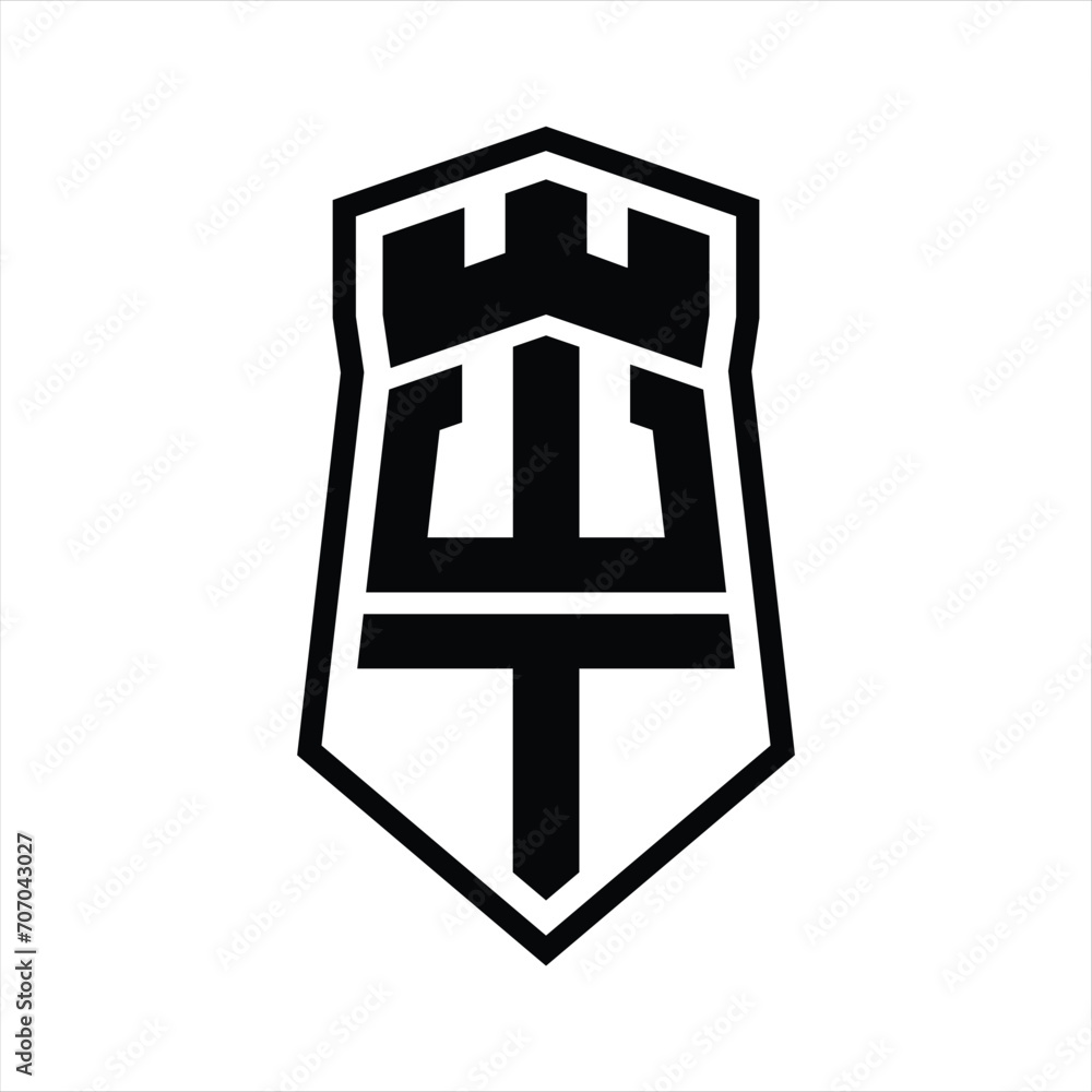 WT Letter Logo monogram hexagon shield shape up and down with crown castle isolated style design WT Letter Logo monogram hexagon shield shape up and down with crown castle isolated style design