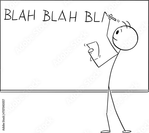Teacher or Student Writing Nonsence Blah on Whiteboard or Blackboard, Vector Cartoon Stick Figure Illustration
