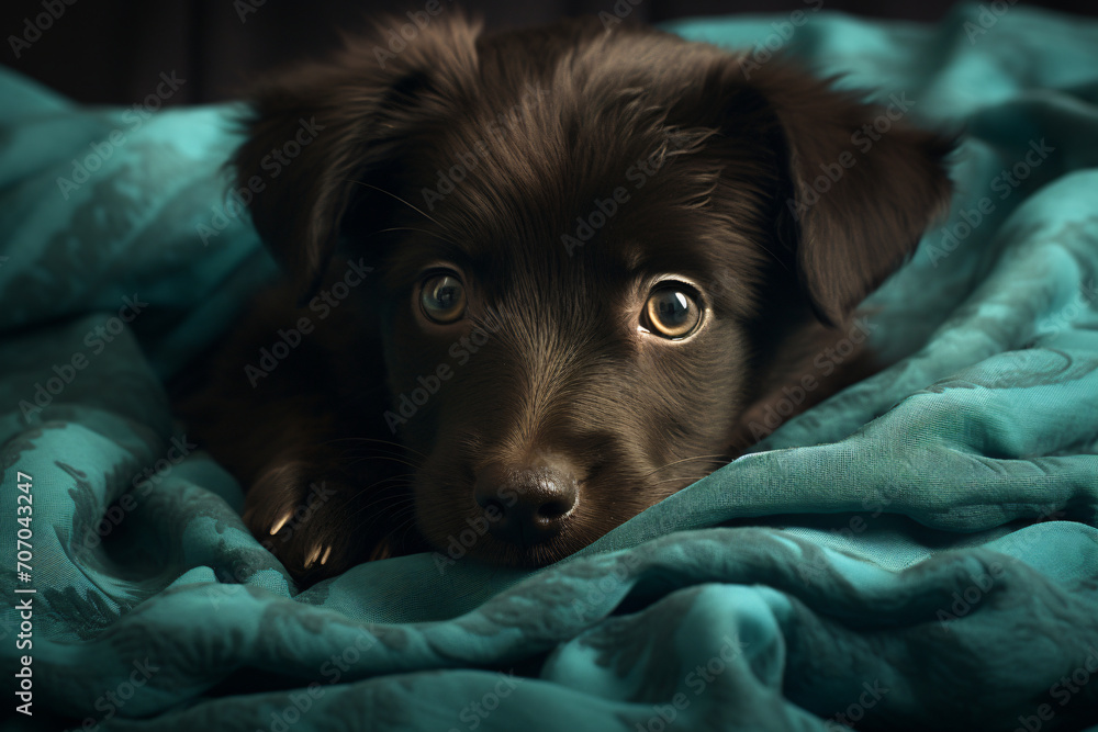Black spaniel puppy laying in green coverlet, in the style of light cyan and brown, minimalistic composition, cinematic mood, light maroon and azure, wimmelbilder, feminine interiors, cinestill 50d

