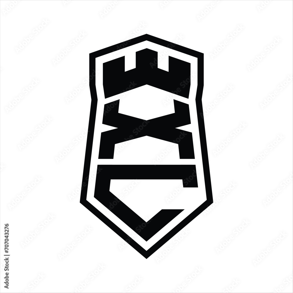 XC Letter Logo monogram hexagon shield shape up and down with crown castle isolated style design XC Letter Logo monogram hexagon shield shape up and down with crown castle isolated style design