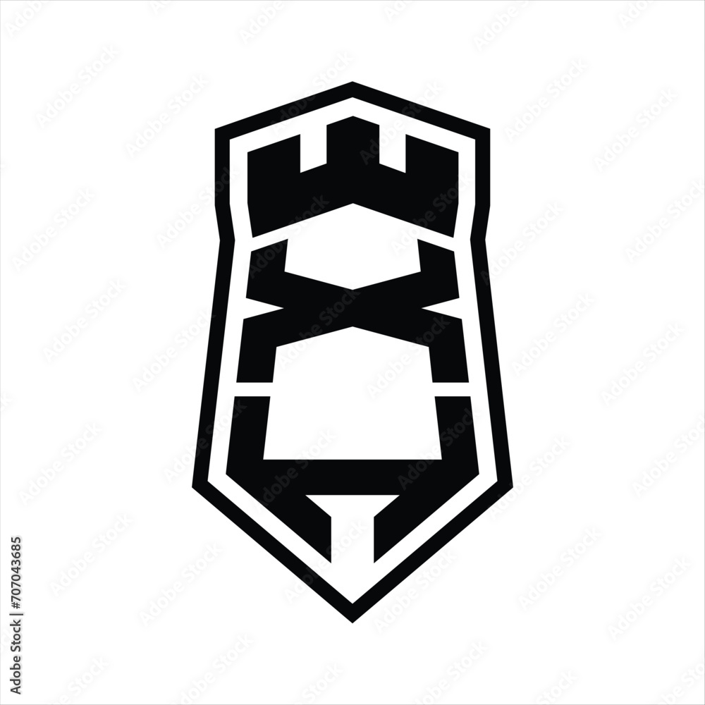 XH Letter Logo monogram hexagon shield shape up and down with crown castle isolated style design XH Letter Logo monogram hexagon shield shape up and down with crown castle isolated style design