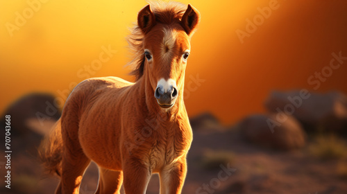 Pony foal , in the style of golden light, realistic portrayal, wimmelbilder, dark orange, high quality photo, desertwave, cute and colorful