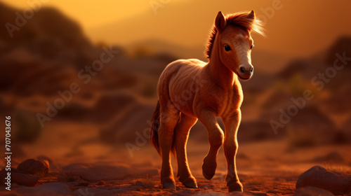 Pony foal   in the style of golden light  realistic portrayal  wimmelbilder  dark orange  high quality photo  desertwave  cute and colorful  