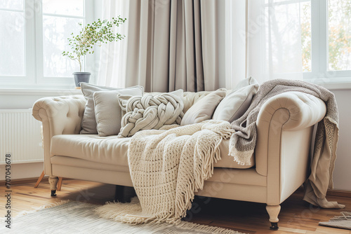 design for cozy modern living room  soft colors. Nice modern french design for a room  catalogue. Beige. Furniture store.