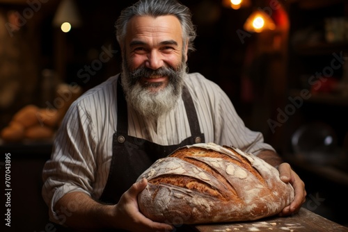 Small bakery owner proudly presenting a freshly baked batch of artisanal bread, Generative AI