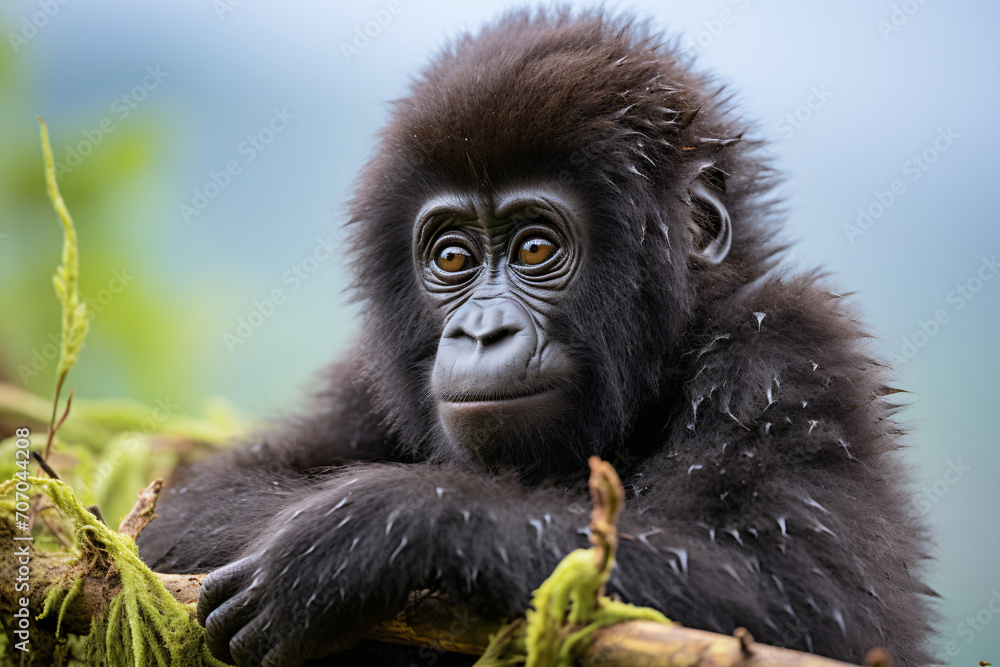 Obraz premium Gorilla cydney mountain gorgonensis cub rwanda, in the style of pensive portraiture, shallow depth of field, shaped canvas, wimmelbilder