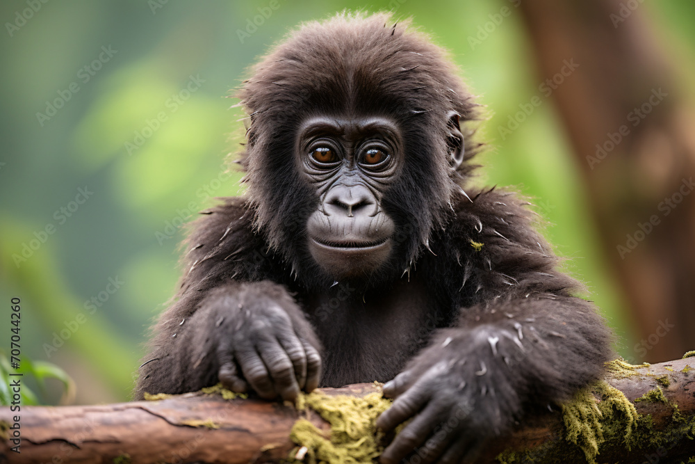 Obraz premium Gorilla cydney mountain gorgonensis cub rwanda, in the style of pensive portraiture, shallow depth of field, shaped canvas, wimmelbilder
