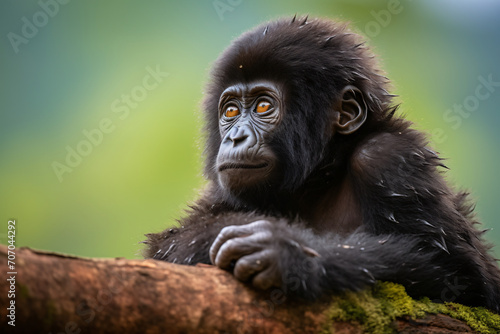 Gorilla cydney mountain gorgonensis cub rwanda, in the style of pensive portraiture, shallow depth of field, shaped canvas, wimmelbilder