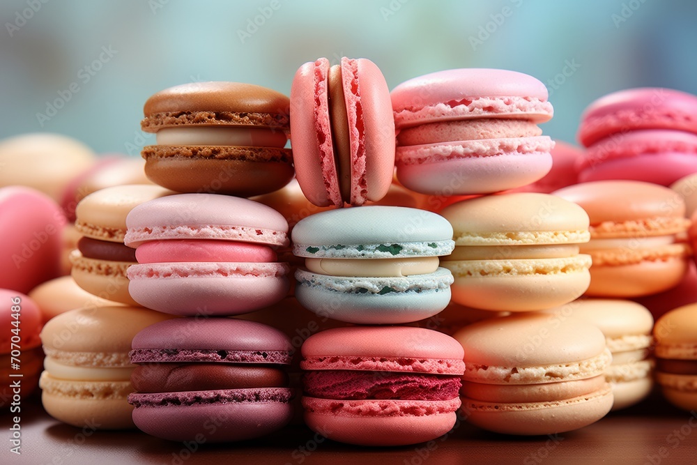 Fototapeta premium 3D Render of a Macaron Collection, on an isolated French Patisserie Pastel background, Generative AI