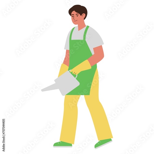 cartoons of janitor in uniform holding photos of different lifestyle and posing: outdoor cleaner working sweeping, picking up trash and leaves. Drawing