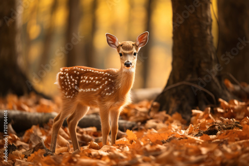 Deer baby standing in the forest with autumn leaves, in the style of photo-realistic landscapes, bokeh, wimmelbilder, hyperrealistic animal portraits, photo taken with provia, cute and colorful, cabin