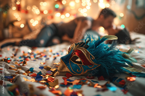 Carnival mask with feathers and confetti on the corner of the bed, in the blurred background, a couple lying down kissing, concept of a lively jinx party photo