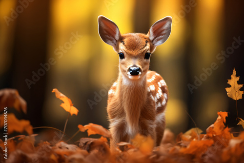 Deer baby standing in the forest with autumn leaves, in the style of photo-realistic landscapes, bokeh, wimmelbilder, hyperrealistic animal portraits, photo taken with provia, cute and colorful, cabin © Possibility Pages