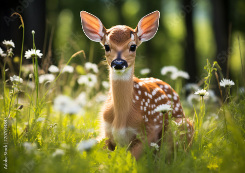 A little fawn in a green grass field, in the style of rustic americana, intense gaze