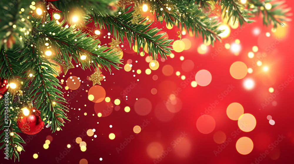 Christmas background with fir tree branches and bokeh lights on red