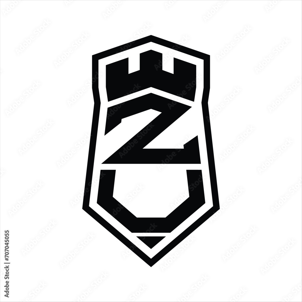 ZU Letter Logo monogram hexagon shield shape up and down with crown castle isolated style design ZU Letter Logo monogram hexagon shield shape up and down with crown castle isolated style design