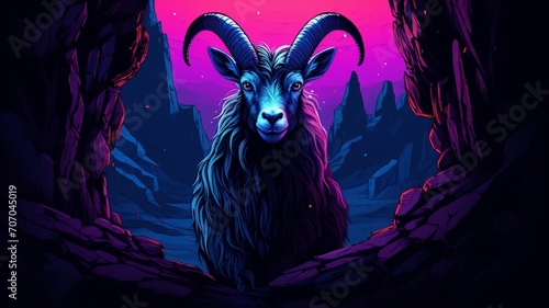 Neon illustration of a goat sitting on the river bank Ai generated art photo