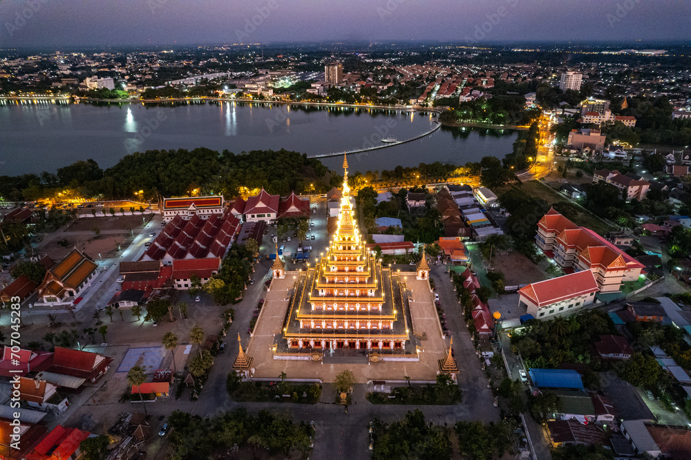 Aerial view of Wat Nong Waeng, also known as Phra Mahathat Kaen Nakhon, in Khon Kaen, Thailand