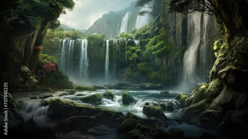 View of a natural waterfall in the middle of a tropical rainforest photo