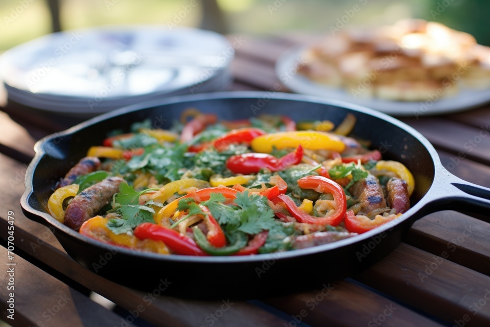 sizzling sausage and peppers on a cast iron grill