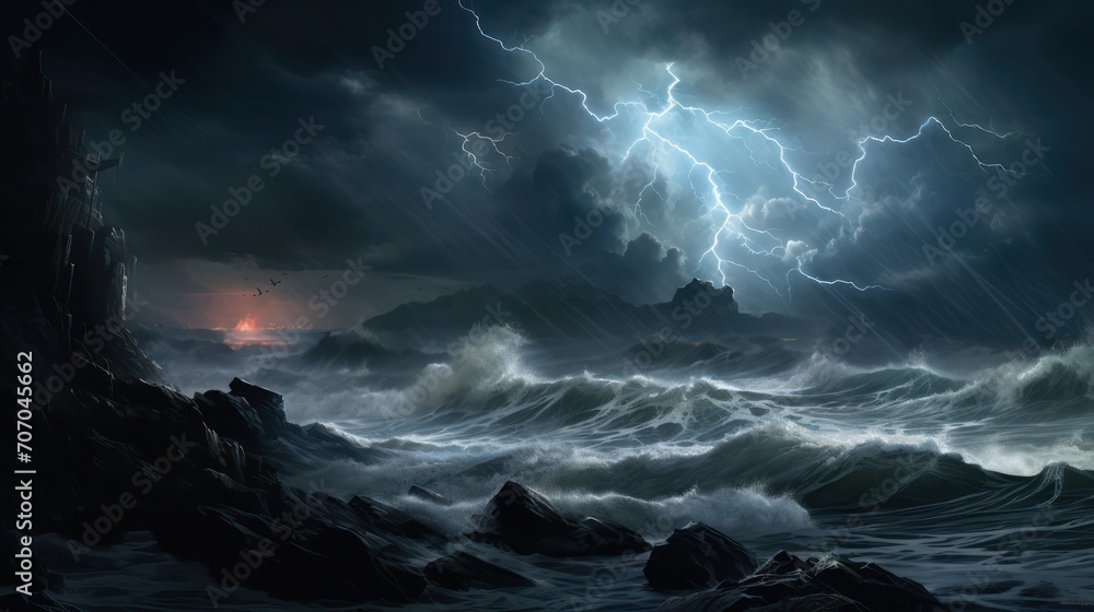 Lightning storm in the sea of violent waves