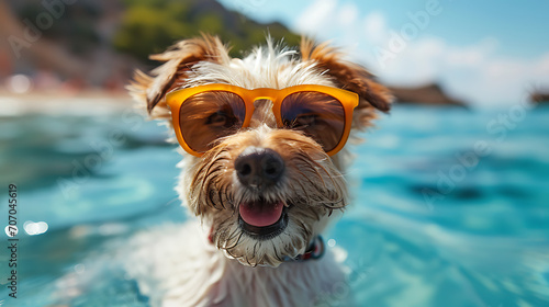 Sun-Kissed Paws: Happy Dog Soaking Up the Summer Vibes with Sunglasses - A Delightful Summer Vacation Snapshot. © LiezDesign