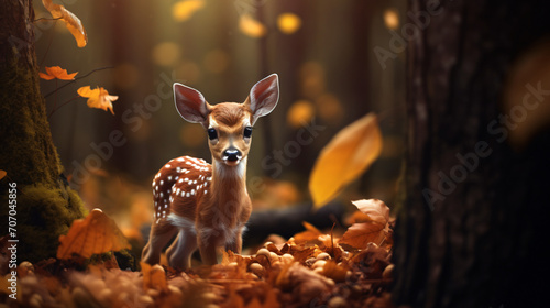 Young deer walking through the autumn leaves in a forest, in the style of photo-realistic landscapes, playful innocence