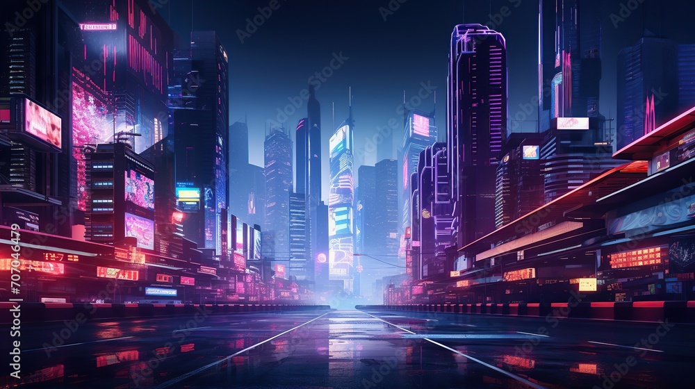 Future city in Cyberpunk Style. Deserted futuristic street with neon lights