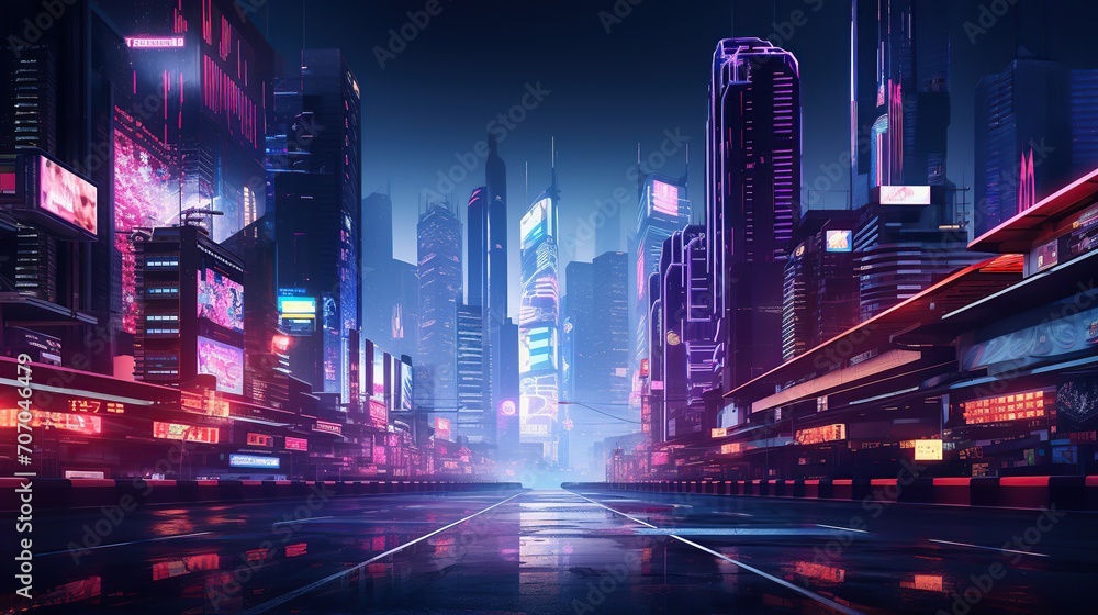 Future city in Cyberpunk Style. Deserted futuristic street with neon lights Future city in Cyberpunk Style. Deserted futuristic street with neon lights