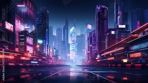 Future city in Cyberpunk Style. Deserted futuristic street with neon lights