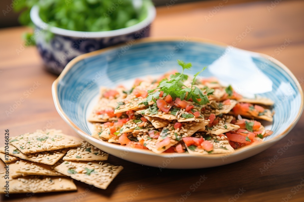 seed crackers on a ceramic dish, garnished with parsley
