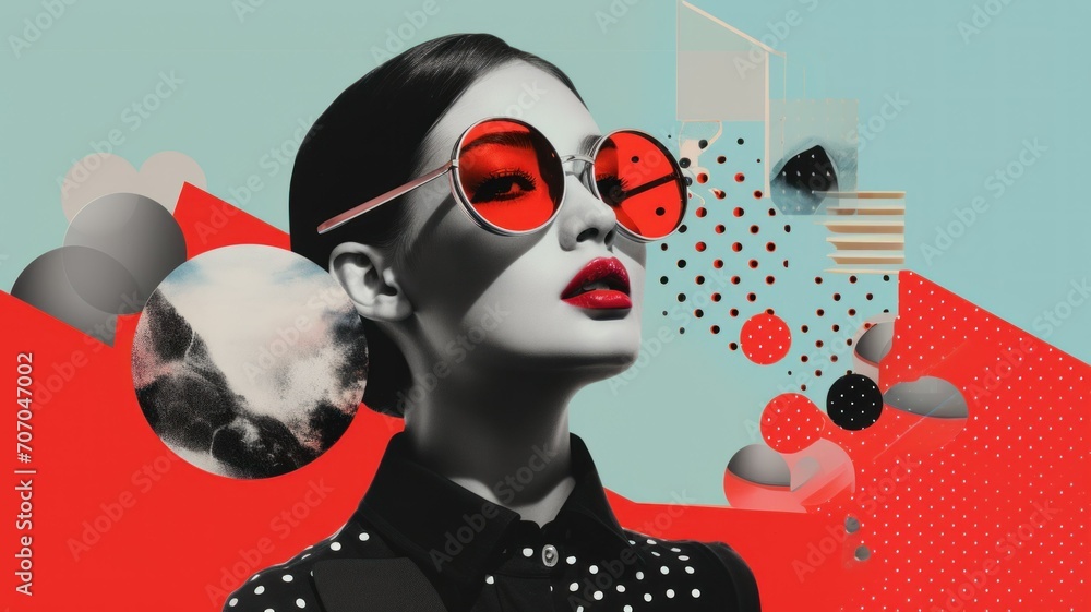 Retro-Futuristic Pop Art Fashion Portrait. A high-contrast pop art portrait combining retro and futuristic elements, featuring a woman in sunglasses with red and turquoise collage background. - obrazy, fototapety, plakaty 