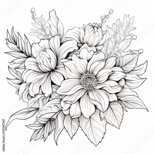 Beautiful winter flowers outline drawing stock photo Ai generated art
