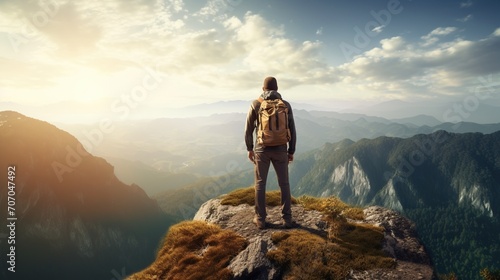 climber standing on the top of a high rock. Sport and active life concept, foggy peak mountain background