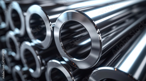 Closeup illustration of metal steel pipes stored after production in industrial manufacturing, real economy concept illustration photo