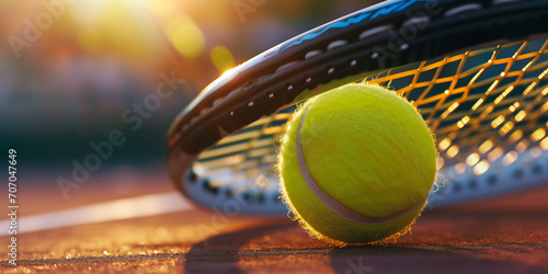 Sunset Glow on Tennis Ball and Racket on Court - Sport Banner Background © Luc.Pro
