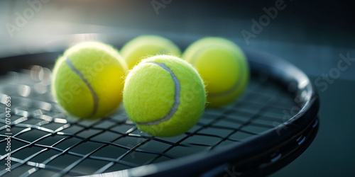 Tennis Balls on Racket Close-up Banner Background 