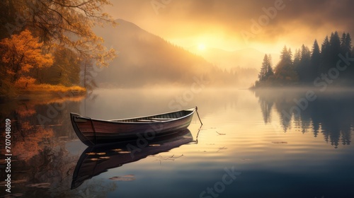 Natural view of traditional wooden canoe on a calm lake in the morning with misty sun rays.