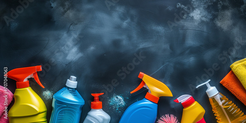 Cleaning Supplies on Dark Table Background