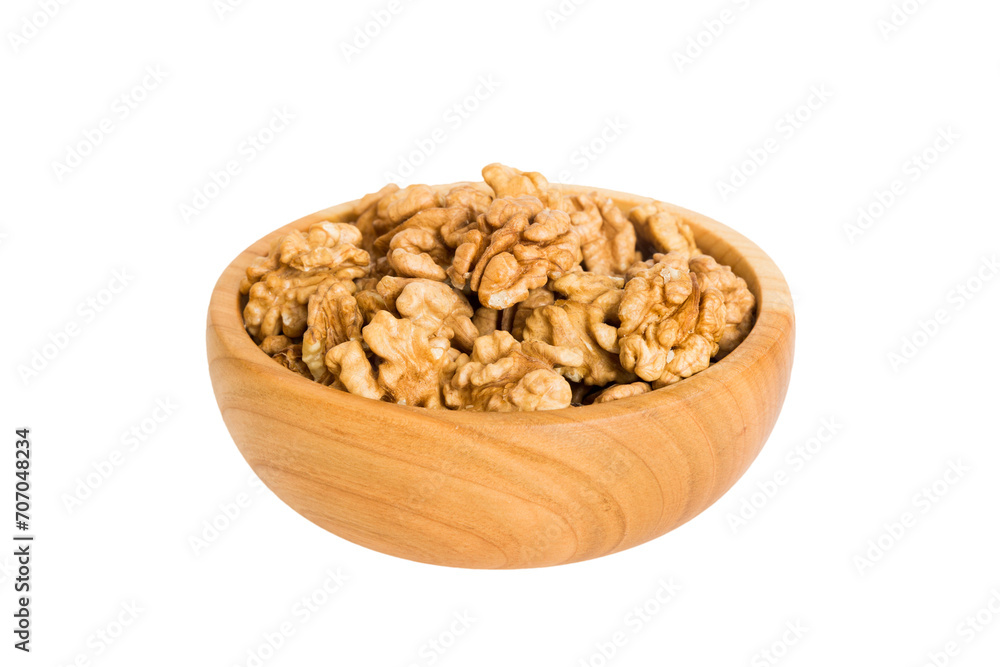 Roasted walnuts in bowl isolated on white background. walnuts is snack or raw of cook. Healthy food concept