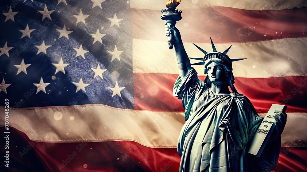 Fototapeta premium illustration of the Statue of Liberty on the background of flag usa
