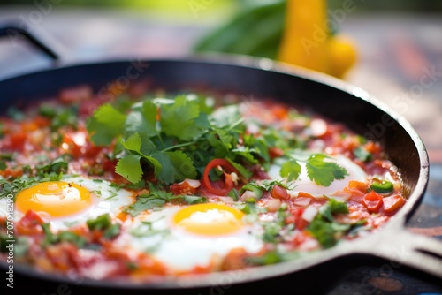 close-up of shakshuka in cast iron pan, parsley garnish