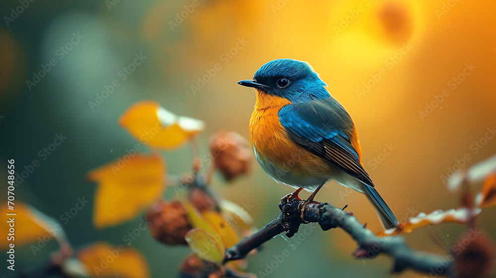 Naklejka premium blue bird on a branch - Symphony of Nature: Harmony Collection with Breathtaking Scenes