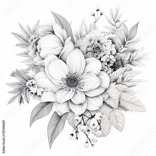 Beautiful winter flowers outline drawing stock photo Ai generated art