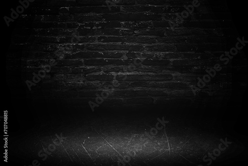 Black studio room background  interior texture for display products. Brick wall and black cement floor