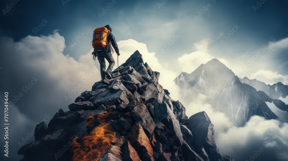 A man successfully climbs the highest peak of a rocky mountain. A man successfully climbs the highest peak of a rocky mountain.