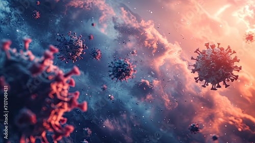 3D illustration Background for advertising and wallpaper in health and microbiology scene. 3D rendering in decorative concept. virus flying in the air photo