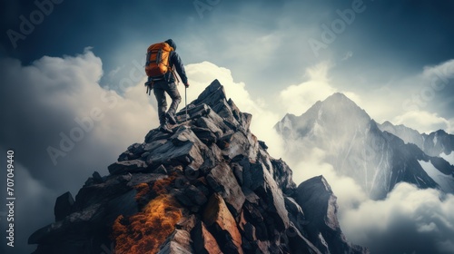 A man successfully climbs the highest peak of a rocky mountain.