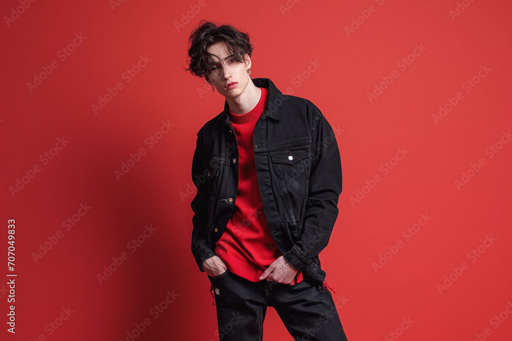 Fashion young man in studio giving pose on isolated color background Fashion young man in studio giving pose on isolated color background