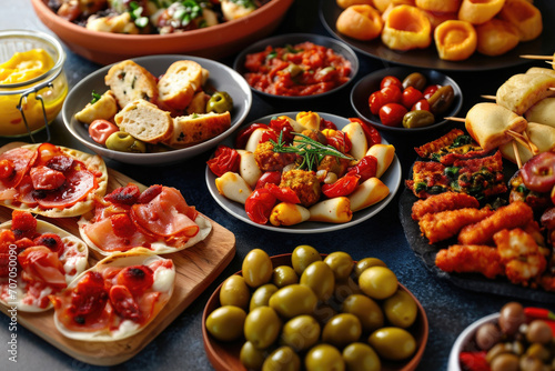 An assortment of Spanish tapas, featuring stuffed olives, patatas bravas, and gambas al ajillo